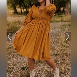 Roolee Esmeralda smocked peasant dress goldenrod mustard yellow midi size medium